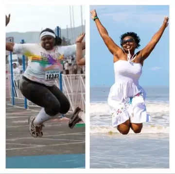 A woman jumping in before and after weight loss photos