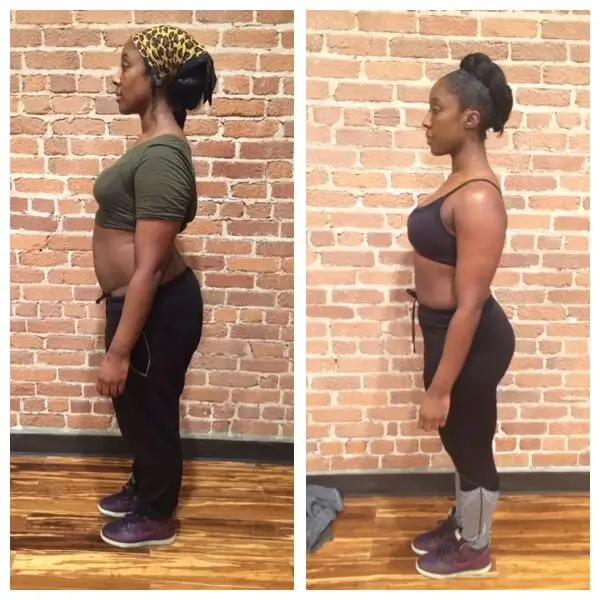 A woman's before and after weight loss photos in profile